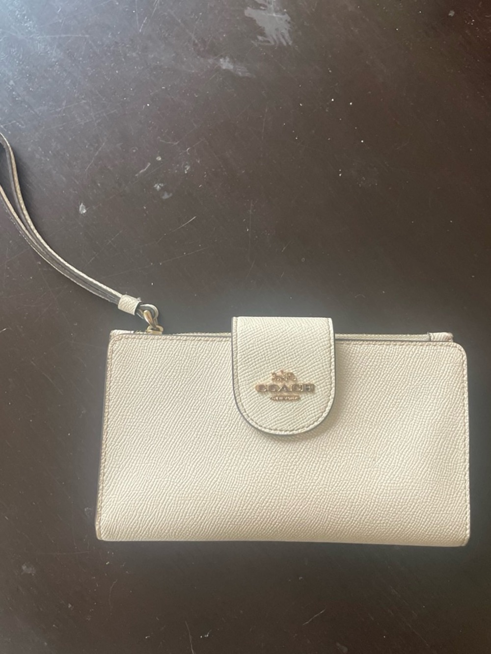 COACH Pebble Leather Wristlet in Cream with Gold Hardware